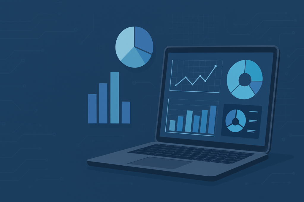 A flat vector illustration of a laptop displaying colorful data charts and graphs with floating bar and pie charts on a dark blue tech-themed background, representing a data science course in Nagpur.