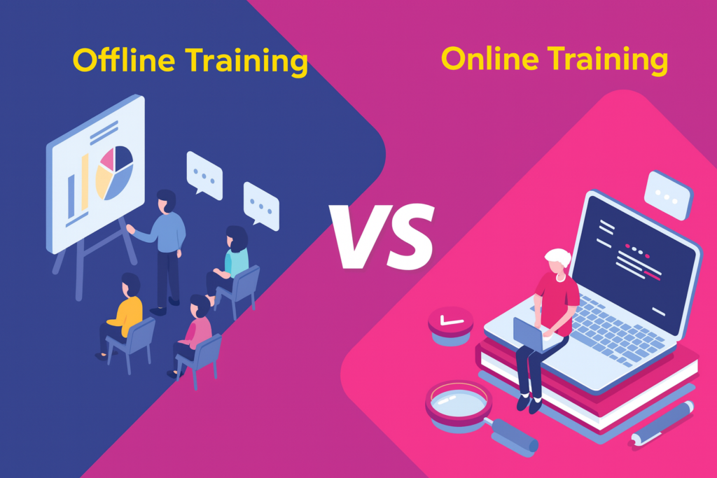 Offline vs Online programming language training in Nagpur — classroom setup on left, laptop learning on right, modern tech illustration.