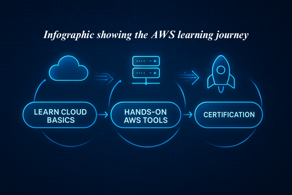 AWS learning roadmap cloud training steps infographic.