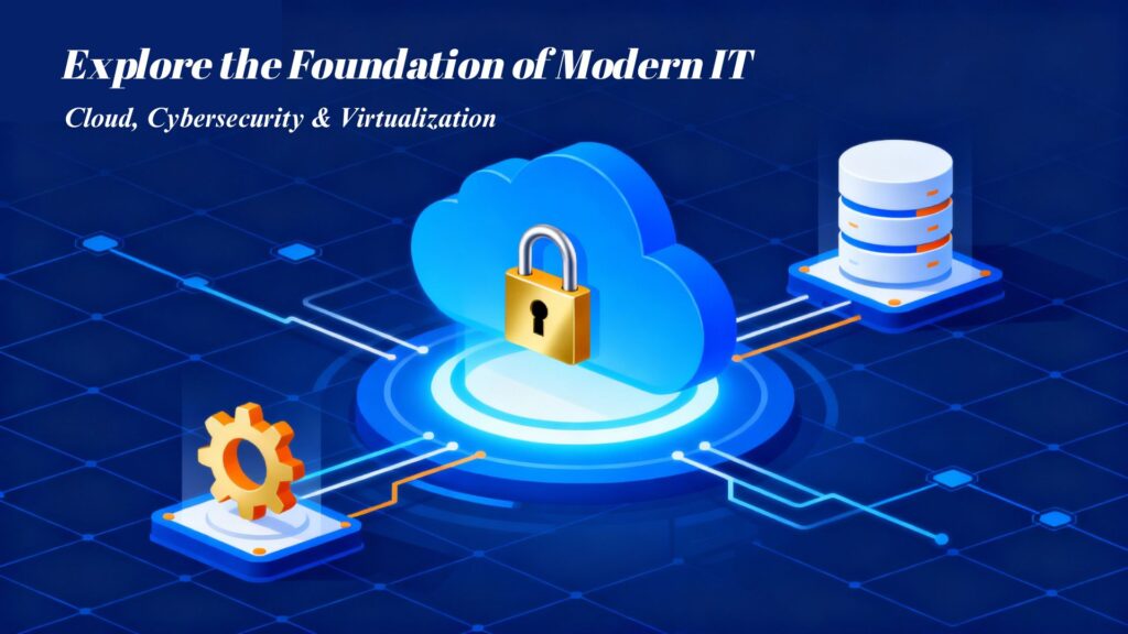 IT concepts illustration showing cloud computing, cybersecurity, and virtualization interconnected - IT training institute in Nagpur